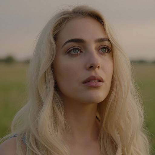 Photograph of a young blonde woman with long, wavy hair, blue eyes, and fair skin, looking slightly upward, in a blurred green field