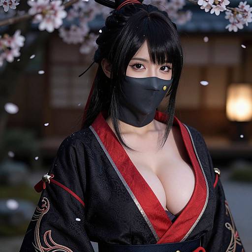 Digital artwork of an Asian woman with black hair, large breasts, wearing a black kimono with red trim and black face mask, standing under cherry bloss