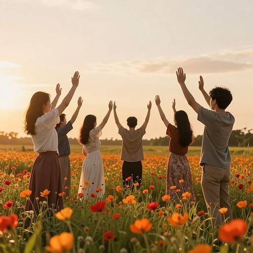 Photograph of five diverse, young adults standing in a vibrant orange poppy field, raising hands towards a golden sunset, wearing casual, semi-formal