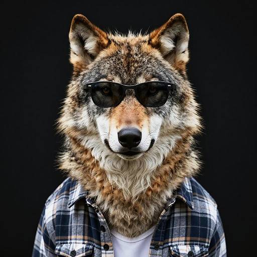 Photorealistic digital artwork of a wolf with brown and gray fur, wearing black sunglasses and a plaid shirt, against a black background.