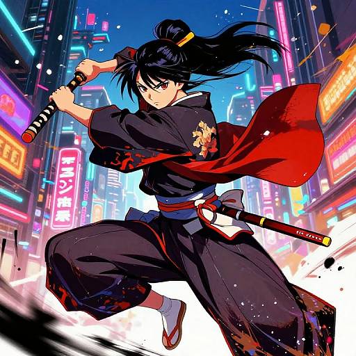 Dynamic anime-style drawing of a black-haired samurai in a black kimono, red cape, and katana, leaping in a neon-lit