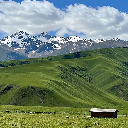 Photograph of a vibrant green mountain landscape with a small, dark wooden shack in the foreground, snow-capped peaks, and a bright blue sky with