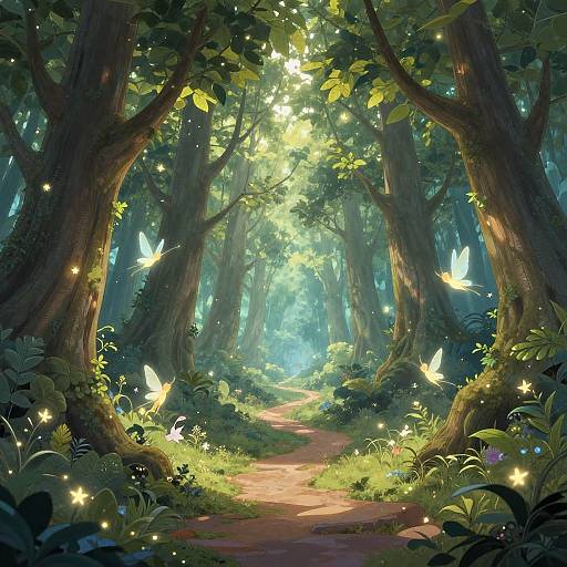 Magical forest scene: sunlit path, towering trees, glowing fireflies, vibrant green foliage, and ethereal blue butterflies creating a whimsical,