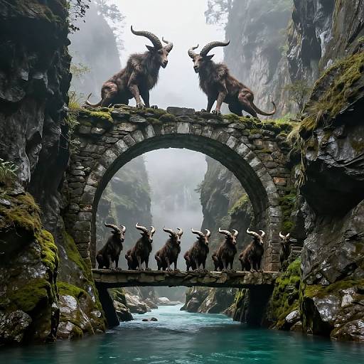 Digital fantasy artwork of six horned, furry goats standing on a moss-covered stone bridge, with two larger goats atop, overlooking a misty, turquoise