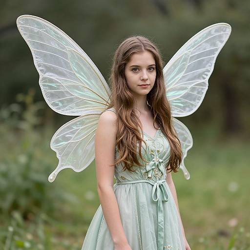 Photograph of a young woman with long brown hair, wearing a light green dress, and translucent fairy wings, standing in a green, blurred forest background