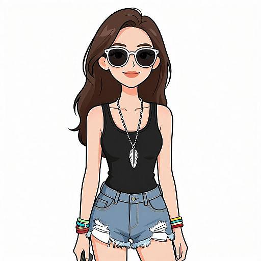 Digital illustration of a stylish woman with long brown hair, black tank top, blue frayed shorts, white sunglasses, and layered necklaces.