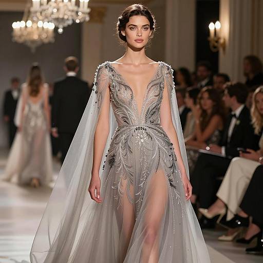 Elegant Woman in Silver Embroidered Gown on Runway