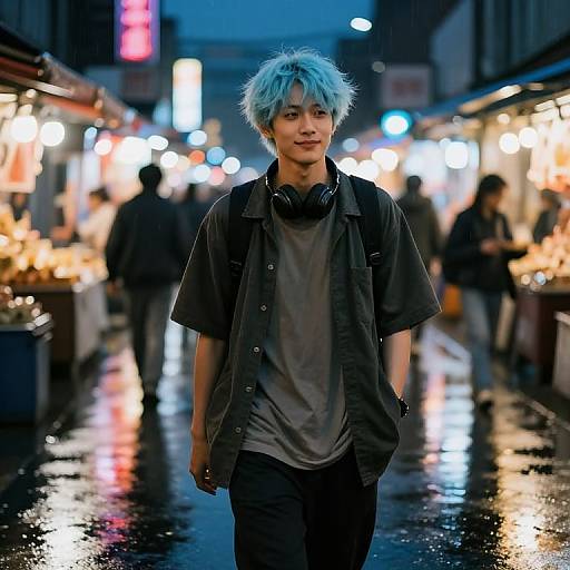 Photograph of a young Asian man with blue hair, wearing a black shirt and headphones, standing in a neon-lit, rainy night market.