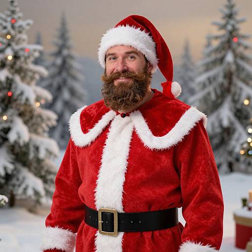 Photograph of a bearded man in a red Santa suit with white fur trim, black belt, standing in a snowy forest.