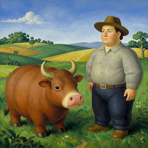 Cartoon-style painting of a chubby farmer in a gray shirt and brown hat standing beside a brown bull with curved horns in a sunny, green, rolling