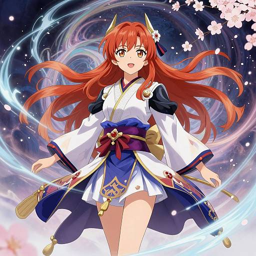 Anime-style digital illustration of a red-haired girl with horns, wearing a white and blue kimono, surrounded by swirling blue energy and cherry blossoms.