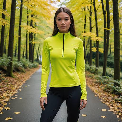 Woman in neon yellow activewear on forest trail