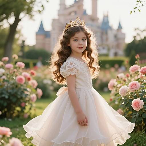 Photograph of a young girl with curly brown hair, wearing a white lace dress, gold crown, and standing in a sunlit rose garden with a