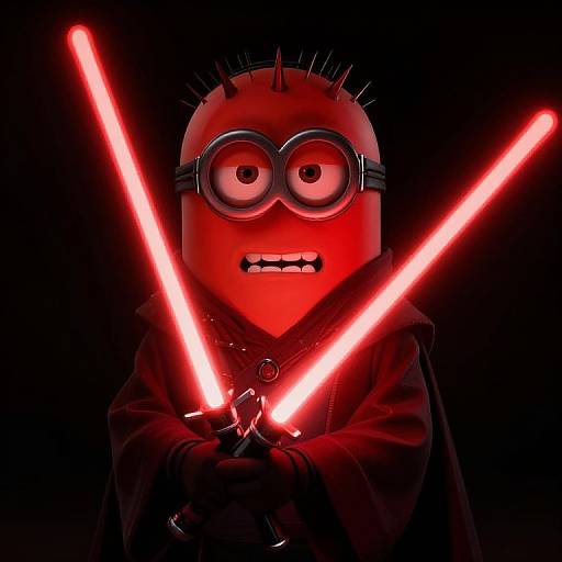 CGI image of a red, spiked Minion holding glowing red lightsabers, dressed in a dark cloak, against a black background.