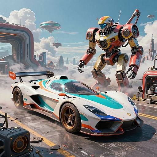 Digital artwork of a colorful, high-performance sports car being chased by a giant, robotic mecha in a futuristic cityscape with flying cars and towering structures