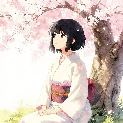 Anime-style digital drawing of a young woman with black bob-cut hair, wearing a white kimono with pink obi, sitting under a cherry blossom tree