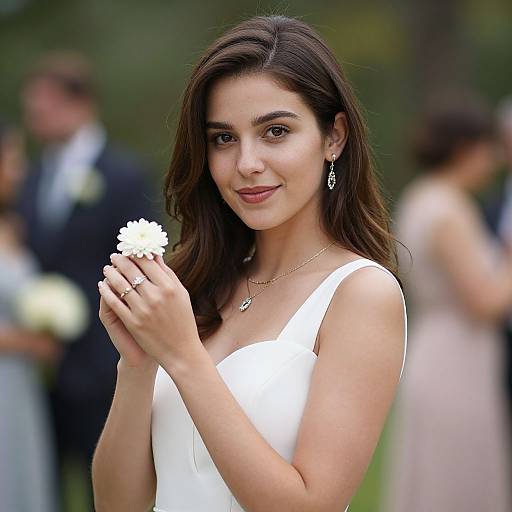 Photograph of a smiling brunette woman in a white sleeveless dress holding a white flower, wearing dangling earrings, standing outdoors with blurred background of guests in