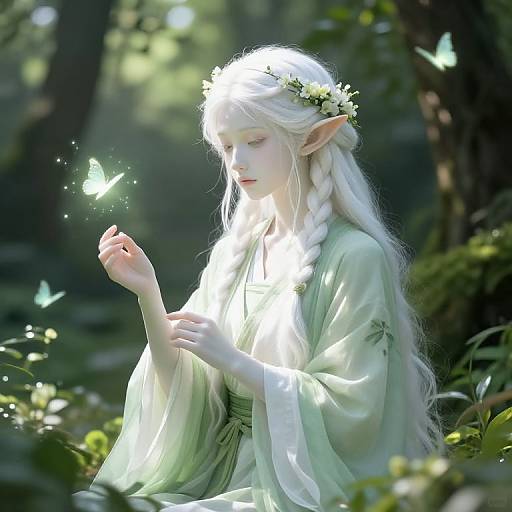 Digital fantasy artwork of a pale, white-haired elf woman with pointed ears, green robe, flower crown, gently touching a glowing butterfly in a sunlit