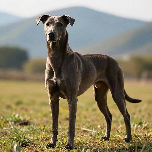Photograph of a sleek, dark grey Greyhound standing in a sunlit, grassy field with blurred mountains and trees in the background.