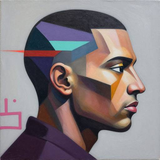 Digital painting of a Black man in profile with geometric, colorful highlights; short hair, serious expression, light gray background, pink and red lines.