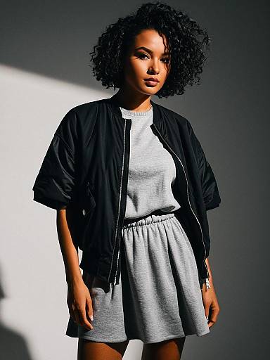 Woman in casual streetwear with grey dress and black bomber jacket