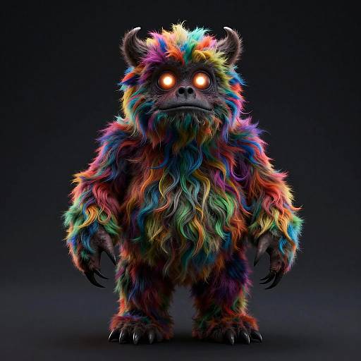 Digital art of a fluffy, rainbow-colored, humanoid creature with glowing orange eyes, dark fur, and sharp claws, standing against a black background.