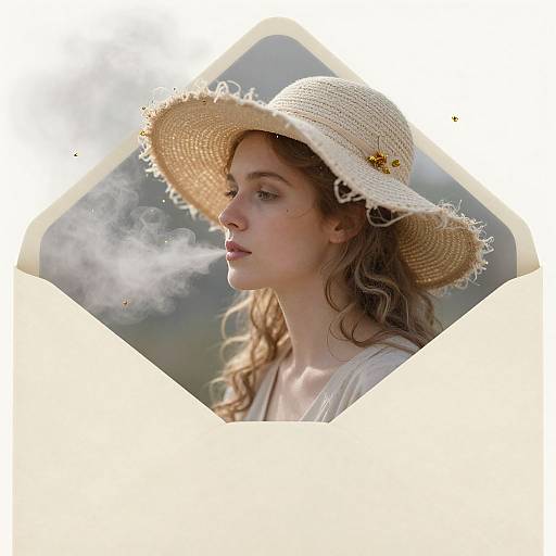 Photograph of a young woman with wavy brown hair, wearing a white straw hat with yellow flowers, exhaling smoke, in soft sunlight.