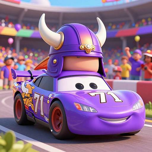 CGI image of a purple racing car with Viking helmet, large white horns, and expressive eyes, speeding on a track in a colorful, lively stadium
