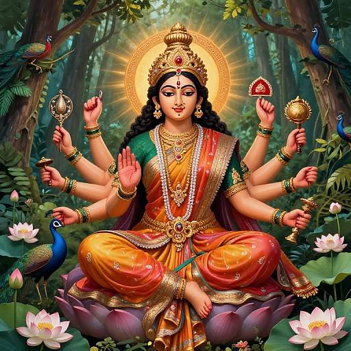 Digital artwork of multi-armed Hindu goddess in colorful traditional attire, sitting on lotus, surrounded by peacocks, flowers, and forest.