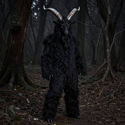 Photograph of a dark, furry, horned creature standing in a dense, shadowy forest with bare trees and a dim, moonlit background.