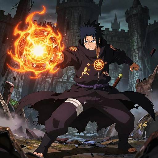 Anime-style digital artwork of a black-haired, intense male warrior with glowing orange fire orb, wearing dark robes, standing in a ruined, castle-like background