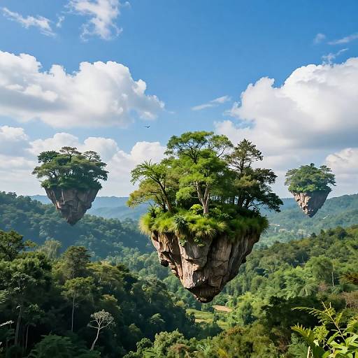 Photorealistic digital artwork of floating rock islands with lush green trees, set against a bright blue sky with fluffy white clouds, over a dense, verd
