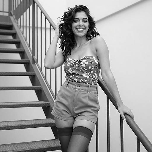 Smiling Woman on Metal Staircase