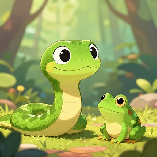Digital illustration of a large, green snake with big eyes and a small green frog sitting on grass in a sunlit forest.