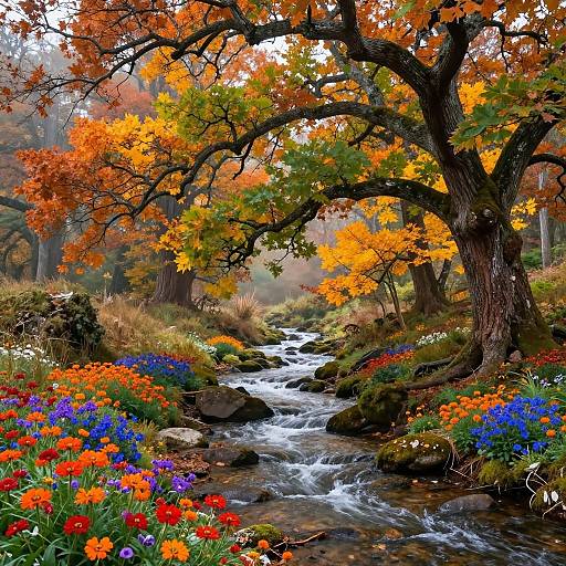 Photograph of a vibrant autumn forest with a flowing stream, colorful flowers (orange, blue, red), and a large tree with orange and green leaves