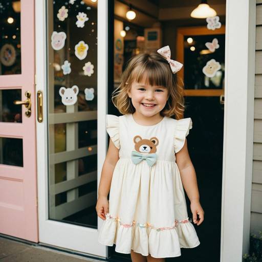 Smiling Toddler Girl in White Dress by Playroom Door