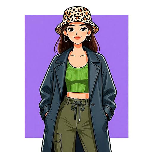 Digital anime-style drawing of a smiling woman with long dark hair, wearing a leopard print bucket hat, green crop top, olive pants, and a long