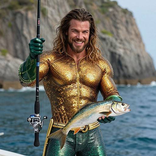Photograph of a muscular man with long brown hair, wearing a gold sequined shirt and green fisherman pants, holding a fish and fishing rod,