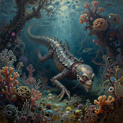 Digital artwork of a metallic, shark-like creature with scales and glowing eyes, swimming through a vibrant, colorful underwater coral reef.
