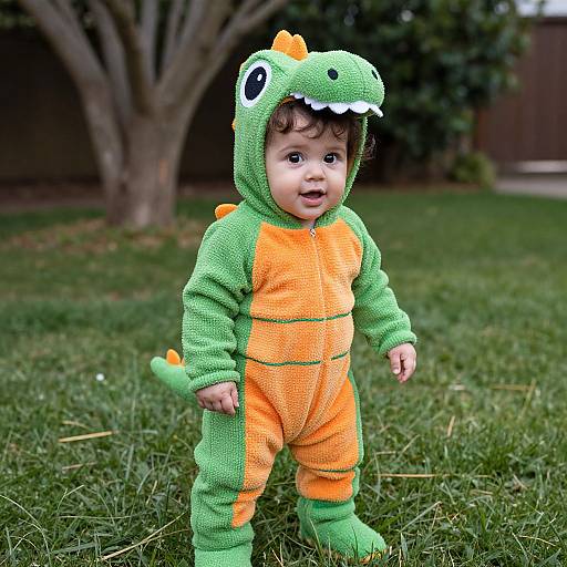 Baby in Cute Dinosaur Costume Outdoors