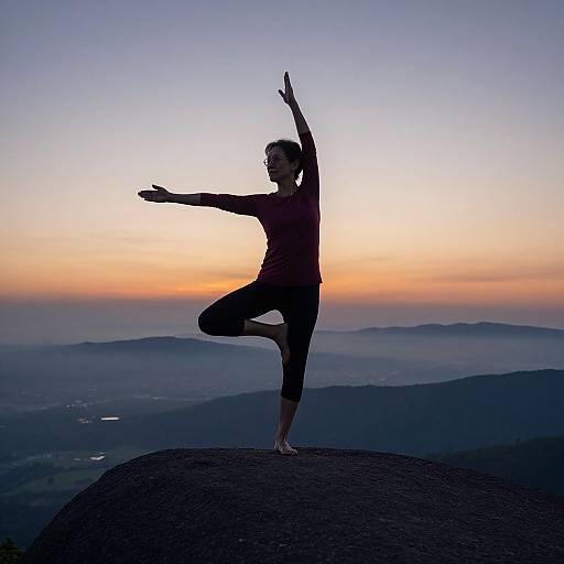 Silhouetted woman in yoga pose on rocky mountain peak at sunset, arms raised, left leg bent, right arm extended, serene landscape background.