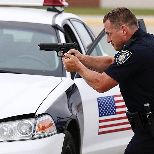 Intense Police Officer Aiming at Crash
