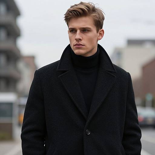Photograph of a young, handsome Caucasian man with light brown hair, wearing a black coat and turtleneck, standing outdoors in an urban setting.