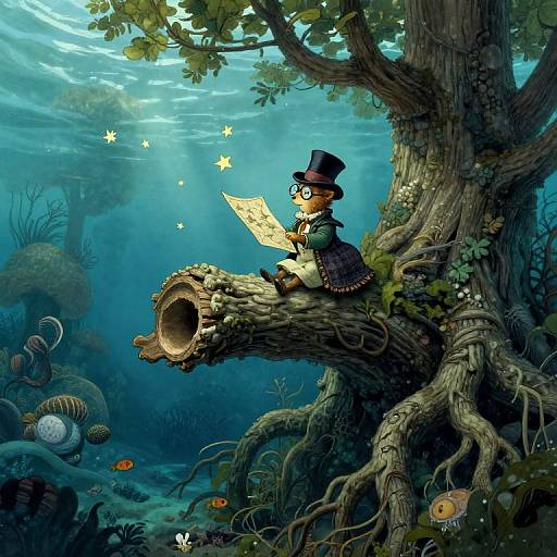 Whimsical digital illustration: bespectacled, top-hatted boy with green coat and dark blue pants sits on a moss-covered tree branch in