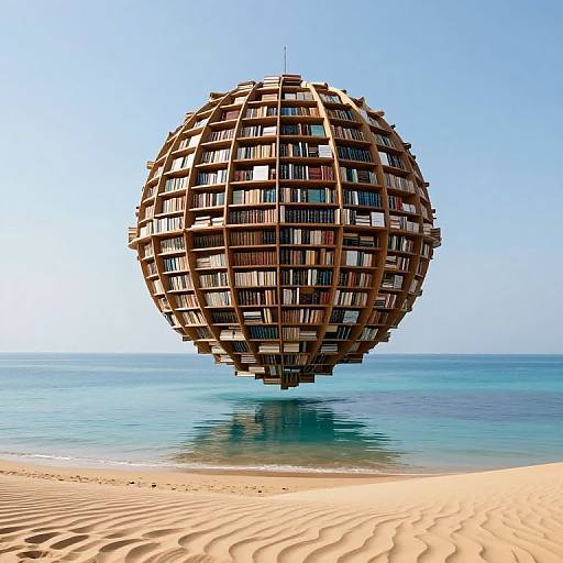 Photograph of a futuristic, spherical hotel floating above a clear, turquoise ocean with a sandy beach below, under a bright blue sky.