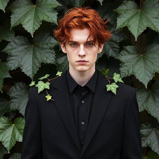 Photograph of a pale-skinned, red-haired young man with intense eyes, wearing a black shirt, standing against a lush, green ivy backdrop