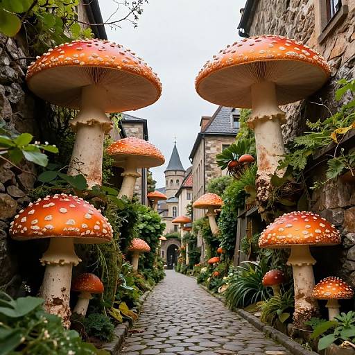 Majestic Orange Mushrooms in Surreal Cityscape