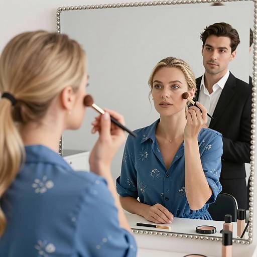Woman Applying Makeup with Man Standing Behind