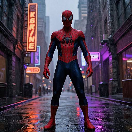 Photorealistic CGI of Spider-Man standing in a rainy, neon-lit urban street, wearing his iconic red and blue costume, with tall buildings and