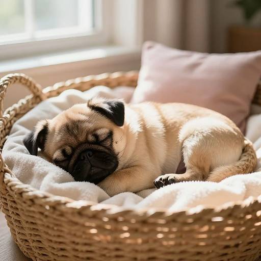 Photograph of a sleeping beige pug with black mask in a wicker basket filled with white blanket, sunlight streaming from window.